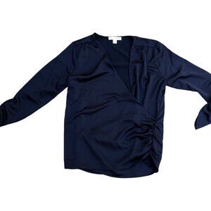 MADISON GREY Wrap V Neck Blouse Top Shirt Women's LARGE Sheen Shiny Black​​​​​​​